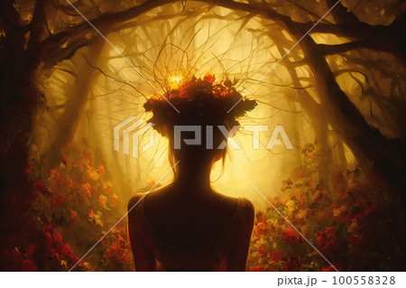Kupala Night a Slavic festival associated with the summer solstice of the Sun, Slavs celebrate it during the shortest night of the year. Back shot of Women in a forest lit by fire. 3D Illustration Kupala Night a Slavic festival associated with the summer solstice of the Sun, Slavs celebrate it during the shortest night of the year. Back shot of Women in a forest lit by fire. 3D Illustration 100558328