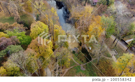 Many trees with yellow fallen leaves, lakes and dirt paths in park on autumn day. Flying over autumn park. Aerial drone view. Beautiful natural background. Top view. Many trees with yellow fallen leaves, lakes and dirt paths in park on autumn day. Flying over autumn park. Aerial drone view. Beautiful natural background. Top view. 100558342