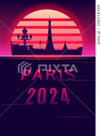 Paris 2024 silhouette with sunset background. Paris 2024 silhouette with sunset background. 100558384