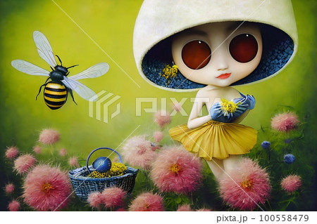 Happy character human woman bee collect pollen in baskets on meadow. Funny character, picking honey. Enjoying the scent of low-growing. Fairytale, insect, for banner or landing page. Illustration. Happy character human woman bee collect pollen in baskets on meadow. Funny character, picking honey. Enjoying the scent of low-growing. Fairytale, insect, for banner or landing page. Illustration. 100558479