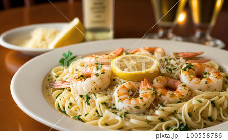 Linguine pasta with prawns in tomato and garlic sauce Linguine pasta with prawns in tomato and garlic sauce 100558786