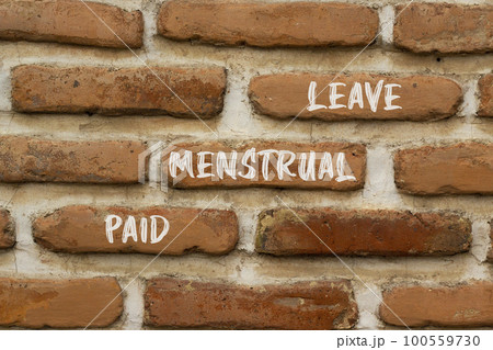 Paid menstrual leave symbol. Concept words Paid menstrual leave on brick wall. Beautiful brick wall background. Business medical paid menstrual leave concept. Copy space. 100559730