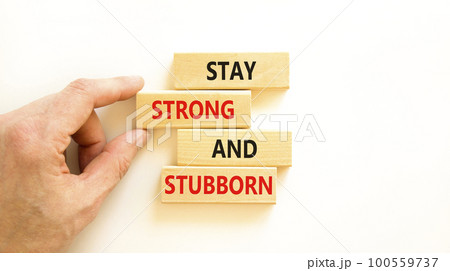 Stay strong and stubborn symbol. Concept words Stay strong and stubborn on wooden block. Beautiful white table white background. Motivational business stay strong and stubborn concept. Copy space. 100559737
