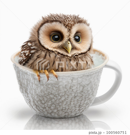 Cute owl chick with big eyes in a cup, isolated on white close-up, adorable animal 100560751