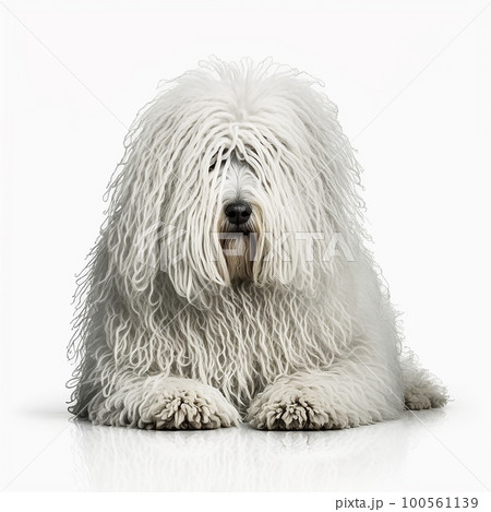 White shaggy dog breed Komondor portrait close-up, isolated on white, unusual pet,  100561139