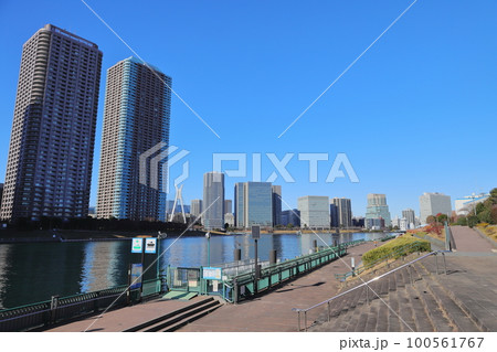 東京都市風景　隅田川と街並み　越中島公園 100561767