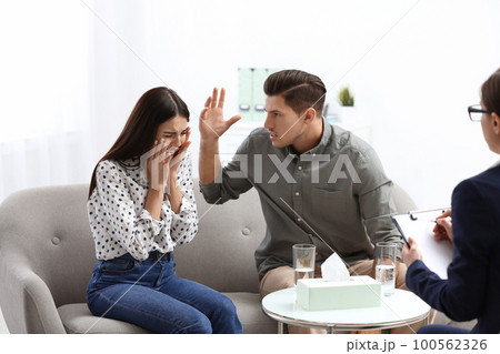 Professional psychologist working with couple in office 100562326