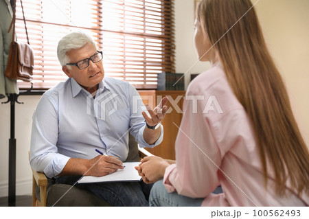 Professional psychotherapist working with patient in office Professional psychotherapist working with patient in office 100562493