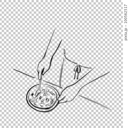 一隻手用勺子在碗裡攪拌的插圖 一隻手用勺子在碗裡攪拌的插圖 100562517