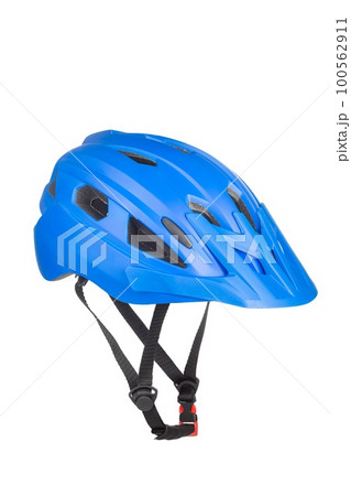 A studio shot of a blue helmet for byciclist isolated on white background. A studio shot of a blue helmet for byciclist isolated on white background. 100562911