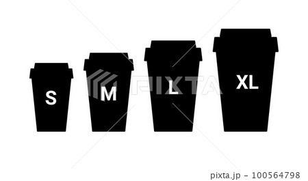 Coffee cup plastic size icon. Large small takeaway coffee cup vector line icon illustration sizes 100564798