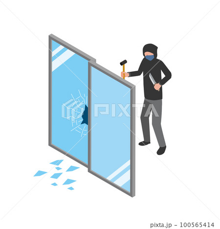 窓ガラスを割って侵入する強盗 100565414