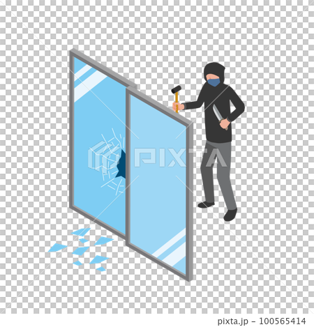 窓ガラスを割って侵入する強盗 100565414