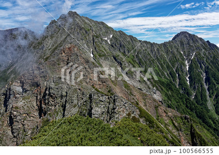 北アルプス・西穂高岳から見る奥穂高岳と前穂高岳 100566555