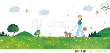 犬の散歩をする女性と草原の風景水彩画 犬の散歩をする女性と草原の風景水彩画 100567635