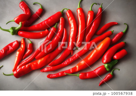 Red hot chili peppers on black background. Top above view. Overhead. Flat lay. Close-up. Full frame. 100567938