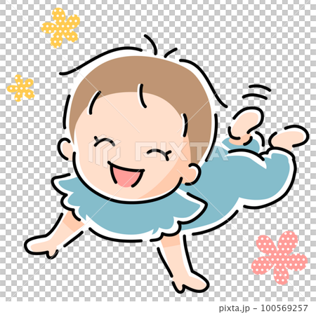腹ばいで頭を上げる笑顔の赤ちゃん 100569257