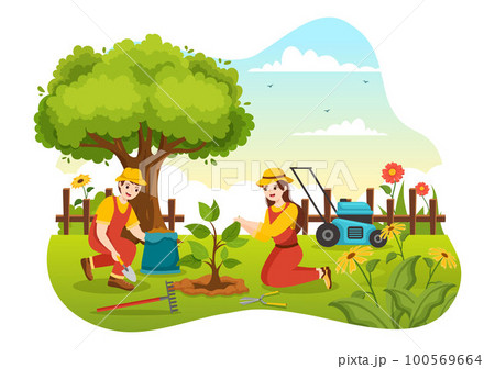 Gardener Illustration with Garden Tools, Farming, Grows Vegetables in Botanical Summer Gardening Flat Cartoon Hand Drawn for Landing Page Templates Gardener Illustration with Garden Tools, Farming, Grows Vegetables in Botanical Summer Gardening Flat Cartoon Hand Drawn for Landing Page Templates 100569664