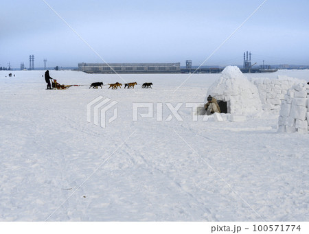 Dog sled passes by igloo, traditional shelter of northern peoples from the cold, made of snow bricks Dog sled passes by igloo, traditional shelter of northern peoples from the cold, made of snow bricks 100571774