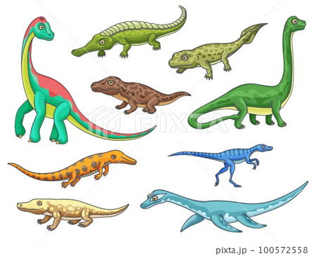 Dinosaur monster animal icons of cartoon dino reptiles. Prehistoric brachiosaurus, mesosaurus, erythrosuchus and eoraptor, ichthyostega, omeisaurus and ambulocetus, sarcosuchus and pliosauroidea Dinosaur monster animal icons of cartoon dino reptiles. Prehistoric brachiosaurus, mesosaurus, erythrosuchus and eoraptor, ichthyostega, omeisaurus and ambulocetus, sarcosuchus and pliosauroidea 100572558