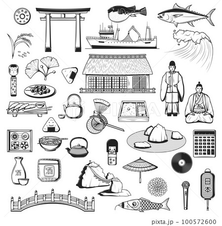 Japanese vector icons with culture, travel and food symbols of Japan. Pagoda, fish and lantern sketches, sake, sushi and umbrella, tea ceremony, torii gate and rice, bridge, wave, carp and samurai 100572600