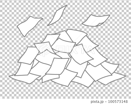ヒラヒラと舞う紙と書類が乱雑に積まれた山　グレー 100573148