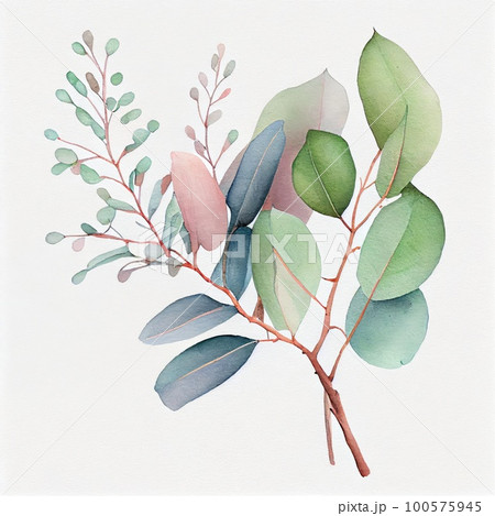 Watercolor twigs and leaves on white background 100575945