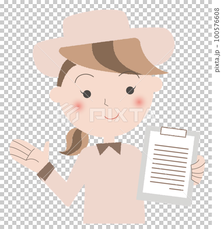 一位穿著米色制服的接待員，左手拿著活頁夾 100576608