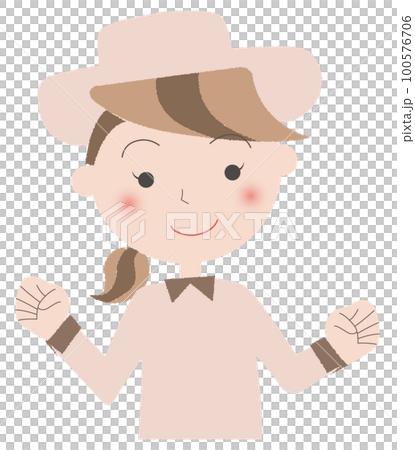 身穿米色制服、擺出膽量姿勢的微笑嚮導 身穿米色制服、擺出膽量姿勢的微笑嚮導 100576706