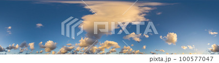 Dark blue sunset sky panorama with Cumulus clouds. Seamless hdr pano in spherical equirectangular format. Complete zenith for 3D visualization, game and sky replacement for aerial drone 360 panoramas. 100577047