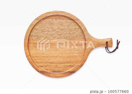 Empty wooden pizza platter set up on isolated on white background. Pizza tray on  on white background flat lay and copy space. 100577660