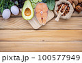 Ketogenic low carbs diet concept. Ingredients for the healthy foods selection on white background. Balanced healthy foods ingredients of unsaturated fats and fiber for the heart and blood vessels. 100577949
