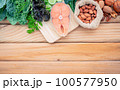 Ketogenic low carbs diet concept. Ingredients for the healthy foods selection  set up on wooden background 100577950
