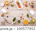 Ketogenic low carbs diet concept. Ingredients for the healthy foods selection on white background. Balanced healthy foods ingredients of unsaturated fats and fiber for the heart and blood vessels. 100577952