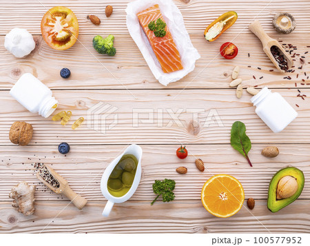 Ketogenic low carbs diet concept. Ingredients for the healthy foods selection on white background. Balanced healthy foods ingredients of unsaturated fats and fiber for the heart and blood vessels. 100577952