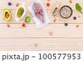 Ketogenic low carbs diet concept. Ingredients for the healthy foods selection setup on wooden background with copy space. 100577953