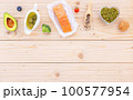 Ketogenic low carbs diet concept. Ingredients for the healthy foods selection setup on wooden background with copy space. 100577954