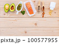 Ketogenic low carbs diet concept. Ingredients for the healthy foods selection setup on wooden background with copy space. 100577955