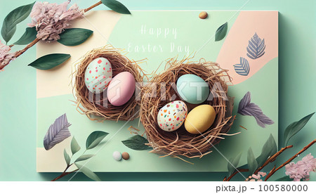 Happy Easter Day Concept. Top view easter eggs isolated on white background with copy space for text, template header for website, AI Generative 100580000