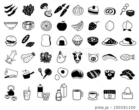 手描き　食べ物と飲み物セット　モノクロ 100581100