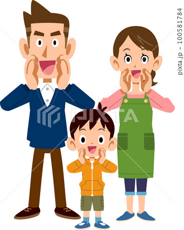 笑顔で呼びかける3人家族 100581784