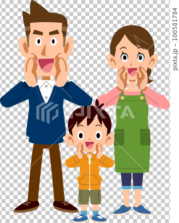 笑顔で呼びかける3人家族 100581784