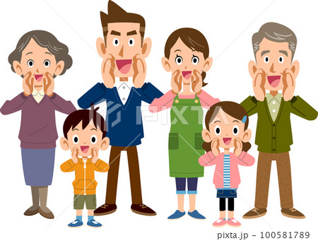 笑顔で呼びかける三世代家族 100581789