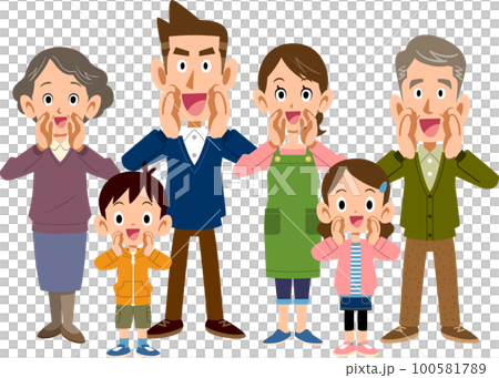 笑顔で呼びかける三世代家族 100581789