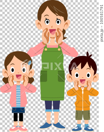 Mother and siblings calling with a smile 100581791