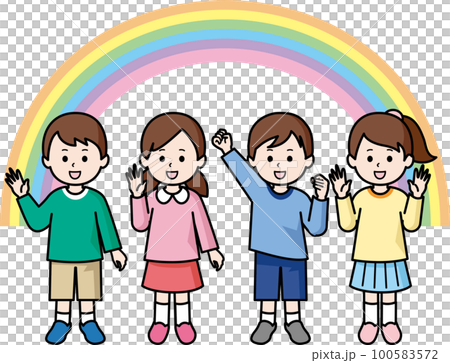 並排擺姿勢的孩子和彩虹 100583572