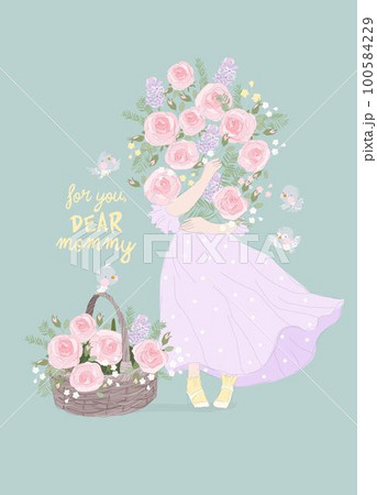 Cute Cartoon Girl holding Bouquet of Roses 100584229
