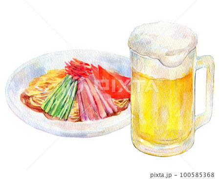 冷やし中華とビール　水彩イラスト 100585368