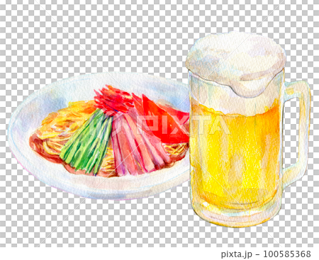 冷やし中華とビール　水彩イラスト 100585368