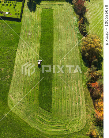 Top down aerial view, of a neatly moved green grass field, tractor mowing the field in circles from outside in Top down aerial view, of a neatly moved green grass field, tractor mowing the field in circles from outside in 100586039